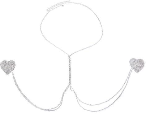 DUMRALBQE Catena per Reggiseno Adesivi sul petto con strass sexy Accessori for bikini catena appesi al collo per Donne e Ragazze(Silver)