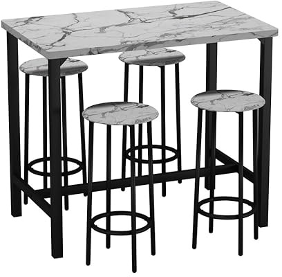 URBNLIVING CANCUN Bar Table and Stools Set – Industrial Kitchen Dining Breakfast Counter Furniture with 2 or 4 Chairs, Space-Saving Design for Home & Small Spaces - 5 Piece - White Marble