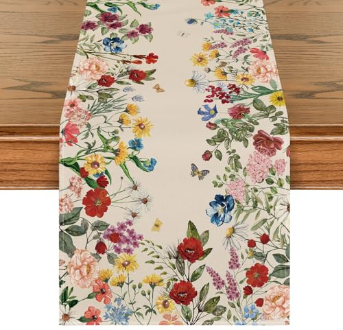 Artoid Mode Chemin de table de printemps, herbes, fleurs sauvages, décoration saisonnière de table de cuisine en intérieur, décor de fête/vacances, 40 x 140 cm