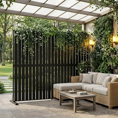 UISEBRT Paravent Outdoor wetterfest mit Ständer,Freistehend Trennwand sichtschutz aus Metall,Raumteiler Rankhilfe für Wohnbereich Balkon, Terrasse & Garten, Schwarz Lamellenzaun