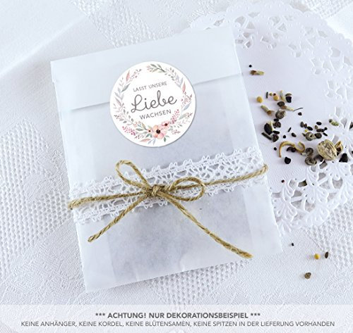 Blütensamen Tüten Set 24 Sticker LASST UNSERE LIEBE WACHSEN PASTELL BLÜTEN KRANZ 4cm matt rund + 24 Flachbeutel weiß 130 x 95 + 16 mm Hochzeit Taufe Blüten Samen Gastgeschenke Deko Feier Geburtstag