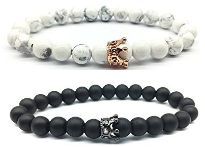 Epoch World King & Queen Crown paar Armbänder, Stein Armband seine und ihre Freundschaft 8mm Perlen Armband, schwarz Matte und weiß Armbänder