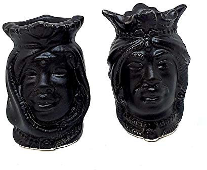 sicilia bedda - Coppia Teste di Moro in Ceramica di Caltagirone - Prodotto 100% Artigianale - Adatti Come Portastuzzicadenti - Cm. 6 (Nero Opaco)