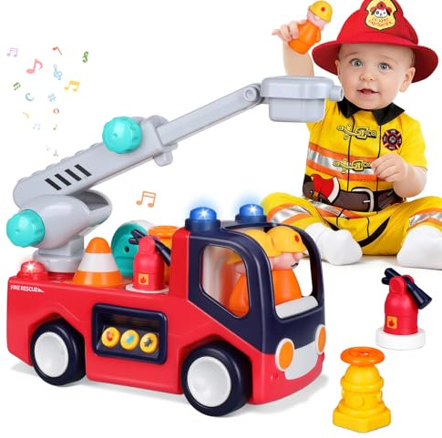 Yunaking Fire Truck Toys for 2 Year Old Boys Girls Montessori Early Educational Learning Toy with Firefighting Tools Baby Push Cars for 2 3 Year Old Boy Birthday Gifts with Sound Lights Effect