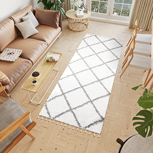 TAPISO Boho Alfombra de Pasillo Salón Dormitorio Moderno Crema Gris Oscuro Rombos Flecos Suave Shaggy 100 x 300 cm