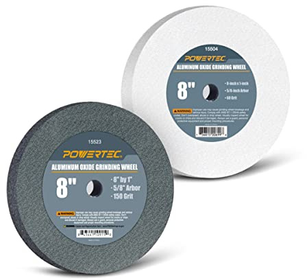 POWERTEC Bench Grinder Wheel 8 Inch 60 & 150 Grit, White Aluminum Oxide Grinding Wheel for Bench and Pedestal Grinder, 1 Thick 5/8 Arbor, Sharpening & Shaping Drill Bits, Blade, Chisel, 2PK (15528)
