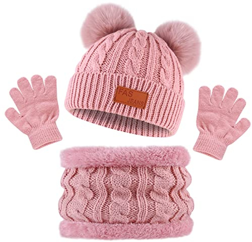 Bekecidi Kinder Mütze Schal Handschuh Set Winter Babymütze Beanie Hut Warmen Strickmütze Loop Schal Mütze und Handschuhe Kleinkind Winterschal Set Für Jungen und Mädchen 1-5 Jahre (Rosa)