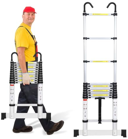 Cecaylie Teleskopstege aluminium 3,2 m multifunktionsstege med 2 avtagbara krokar, stege teleskopdesign, 150 kg/330 pund lastkapacitet, ståstege halkfri, silver