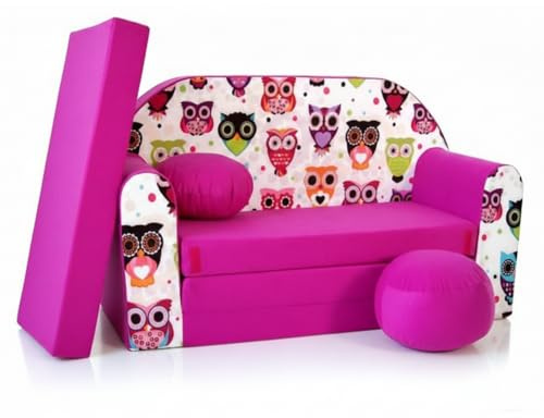 All4All Kindersofa Klappsofa - Schlafsofa 3in1 - Velo - Spielsofa für Kinder - Sofa zum Aufklappen - mit Pouf - faltbar - zum Schlafen – Schaumstoff Sofa (H17 Rosa + Eule)