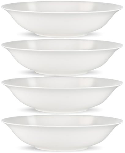 ALLUSEIT Suppenteller, 4Teilige 1.5L Tief Pastateller Salatschüssel, Groß Knochen porzellan Servier Schüssel Teller Set für Salat Pasta Eintopf Ramen Pho Obst, Weiß Keramik Schale Φ23.5cm