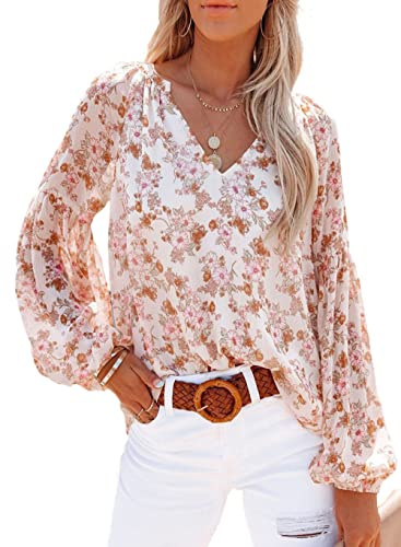 Oberteile Damen,Damen-Chiffon-Bluse, Sommer-Ballon-Langarmhemden, Einfarbig, V-Ausschnitt, Blumenmuster, Elegante Bluse, T-Shirt-Jacke, Lockere Bluse, Tunika, Sweatshirt-Oberteile Für Damen, Weiß, L