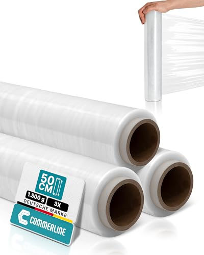 Commerline Transparent Stretchfilm | 3 Rullar - 50 cm, 1500 g, 230 m | Plastfolie & Skyddsfilm för Flytt, Möbler och Pall | Förpackningsfilm & Wrapfilm | 1 500 g, transparent, stretchfolierulle, förpackningsfilm, flyttfolie för möbler, pallfolie, förpackningsmaterial