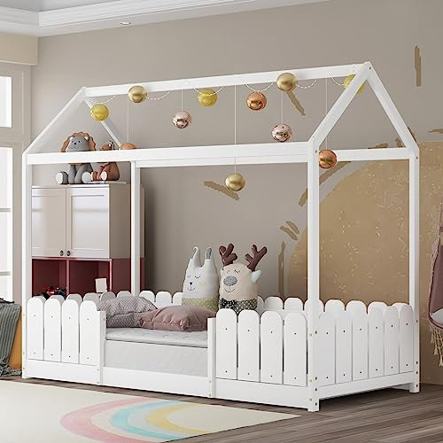Daesar Kinderbett mit Rausfallschutz, Hausbett 90x200 mit Lattenrost, Holzbett ohne Matratze, Modern Kinderbett für Jungen Mädchen Weiß