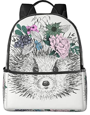 FJAUOQ Pferde und schwarzes Pferd Rucksäcke für Mädchen Jungen, Grundschule Taschen Kindergarten Büchertaschen Rucksack für Schule, Igel im Blumenkranz, One size