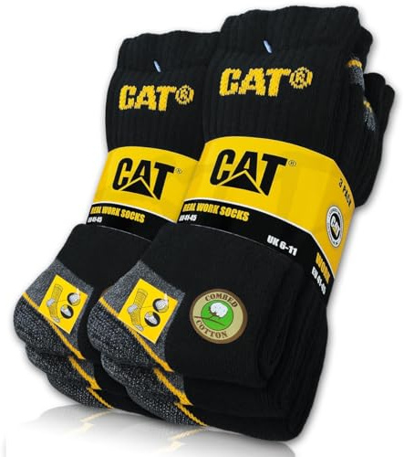 CAT Caterpillar 6 Paia di Calzini da Lavoro Real Work Socks per Donna e Uomo, Taglia 35-50, Nero, 43-46