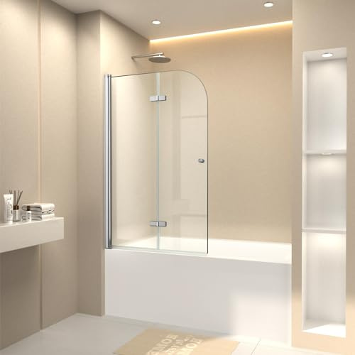 CKB Pivot Bathtub Shower Door, 35“ W × 55” H, 1/4 SGCC Tempered Glass with Easy Clean, Reversible, 180 Degree Rotation and Bifold, Chrome
