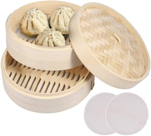 Eummy Bamboo Steamer Basket 10 Inch Dumpling Steamer Chinese Food Steamers with Lid and Steaming Cloth Strong Vegetable Steamer Basket Best for Dim Sum, Vegetables, Meat and Fish(2 Tiers)