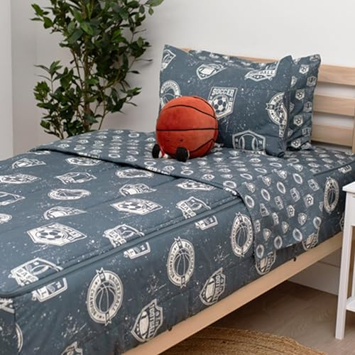 Beddy's Sports Theme Durable Zipper Bedding for Kids - Bed in a Bag - Blue Sheets with Baseball, Football, Basketball, Soccer Comforter - Includes Pillowcase & Sham - Easy to Make & Wash - Toddler