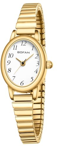BOFAN Small Gold Watches for Women Easy Read Ladies Quartz Wrist Watch with Stainless Steel Expansion Band,Waterproof.（6.10in-6.89in）