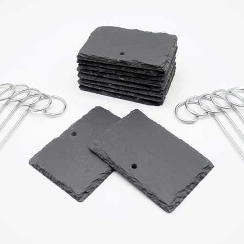 10 Pflanzschilder aus Schiefer mit 40 cm Metallstab, 10 x 7 cm Schiefertafel, hochwertige Pflanzenschilder, Pflanzenetiketten