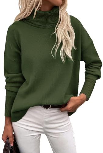 Zeagoo Damen Strickpullover mit Stehkragen Casual Langarm Rollkragenpullover Oversized Gestrickt Tops High Neck Oberteile Einfarbig Herbst Winter Armeegrün L