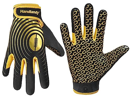 HANDLANDY Jugend American Football Handschuhe, Klebrige Wide Receiver Handschuhe für Kinder & Erwachsene, Schwarz und Gold Stretch Fit Football Handschuh (Jugend M)