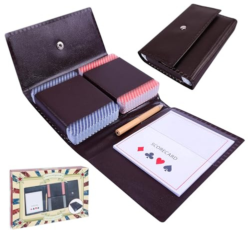 GOTHINK Spielkarten Set mit 2 Decks Standard Spielkarten im Lederetui, inkl. Bleistift und Punkteblock, Kartenspiel für Bridge Size Poker Karten, Ideal für Outdoor ﻿