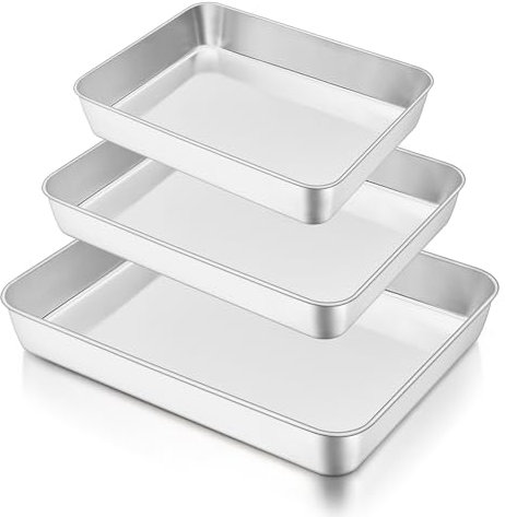 Joyfair Juego de 3 bandejas de horno de acero inoxidable, bandeja rectangular profunda para tartas/brownies para asar, servir, cocinar, resistente, a prueba de óxido y fácil de limpiar, 3 tamaños