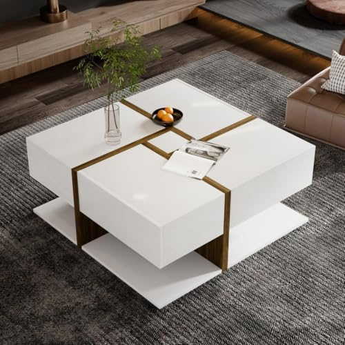 Sweiko table basse de salon avec 4 tiroirs et rangement, armoire de rangement avec schéma de couleurs et design unique (blanc et naturel)