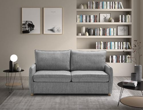 EVERGREENWEB - Divano Letto a 2 Posti con Materasso Memory 140x190, Sofà Soggiorno con Piedi in Legno Design Moderno, Struttura Rinforzata Pieghevole, Tessuto Grigio Antimacchia, Cuscini Estraibili