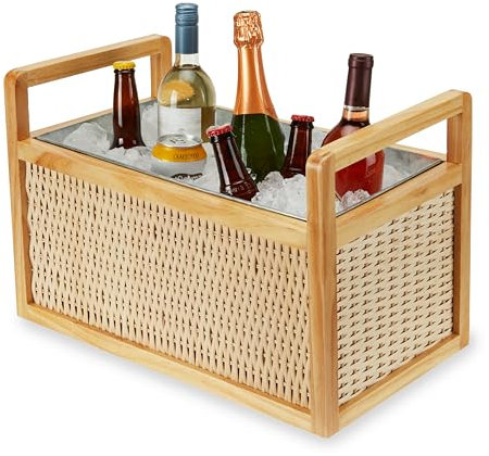 Twine Rattan and Wood Bottle Cooler Basket, Beverage Tubs for Parties, Beverage Chiller Ice Bucket for Drinks with Handles, Holds 8 Wine Bottles or 6.5 Gallons Set of 1