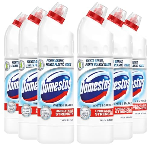 Domestos Thick Bleach White and Sparkle Multi-Purpose Disinfectant Anti-Bacterial Surface Cleaner Gel Limescale Remover for Toilet, Bathroom and Kitchen, 750ml (Buy 6)