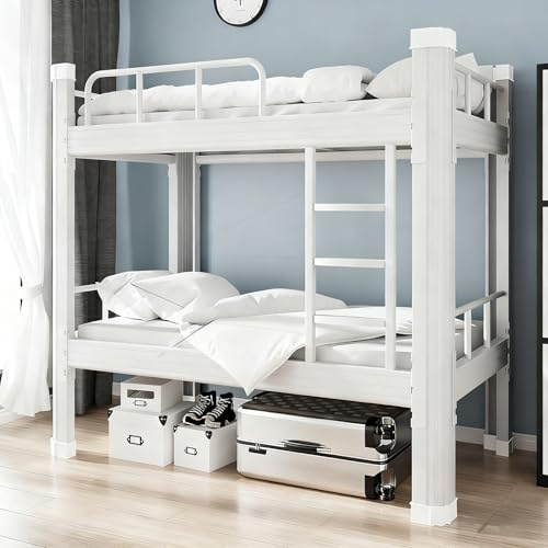 Hochbett 120x200 Bettgestell Metallbett Doppelstockbett Erwachsene Etagenbett Stockbett mit Leiter und Bettgestell Robustes Doppelstockbett aus Stahl für Jugendliche und Erwachsene (White, 120x200cm)