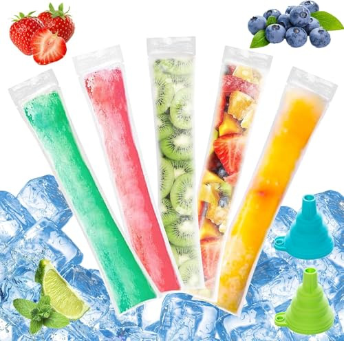 Scettar 200 Pièces Sacs Popsicle(28 * 5.5cm),Moule à Glace avec 2 Pièces Entonnoirs,Popsicle Pochettes,DIY Moule Glace Silicone Batonnet pour Crème Glacée, Bonbons et Yaourts
