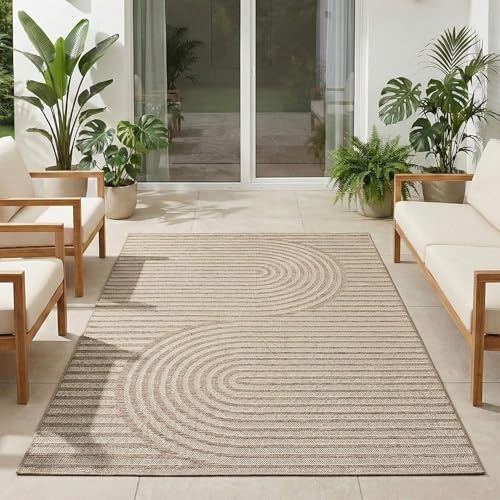Carpetsale24 Outdoor Teppich Beige 200x290 cm, Wetterfest & UV-beständig, ideal für Küche, Balkon, Terrasse, Garten auch Wohnzimmer und Esszimmer, Skandinavisches Boho-Design, Leicht zu Reinigen