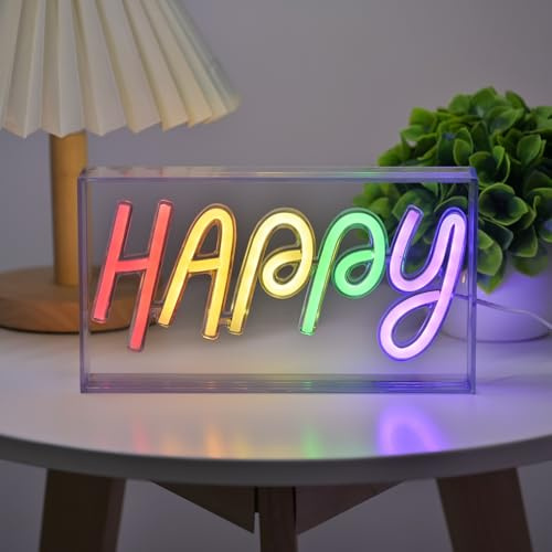 Hawisphy Happy Neon Signs, Neon Sign Light Standing LED Decor USB Powered Acrylic Handmade Advertising Sign Night Light for Kids Room, Bedroom, Party, Gift