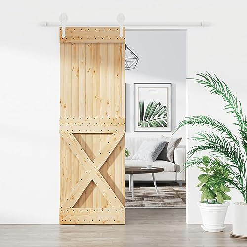Porte Coulissante en Pin avec Kit de Rail, Porte à Décoré de Grange Intérieur Suspendue pour Cuisine Salle de Bain et kit de quincaillerie 70x210 cm pin massif
