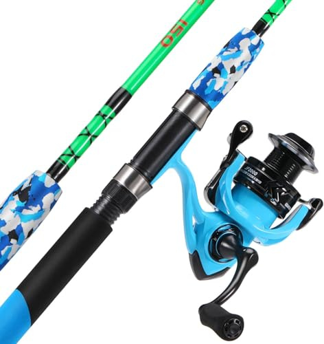 Yun Nong spinnrulle och fiskespö kombination, 2-delad resefiskespö med hållbar grafit- och glasfiberblandning, ergonomiskt korkhandtag, justerbart höger eller vänster hand retrieve (blå, 6-2000)
