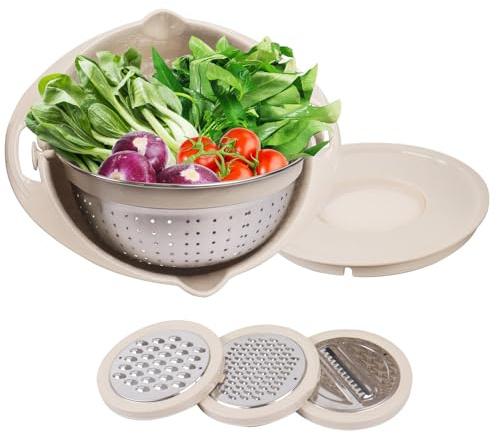 Ensemble de passoire 4-en-1 avec passoire pivotante en acier inoxydable et bol sans BPA – Bol de cuisine antidérapant avec 3 inserts à frottement pour légumes, fruits, pâtes et salade – Économise de l