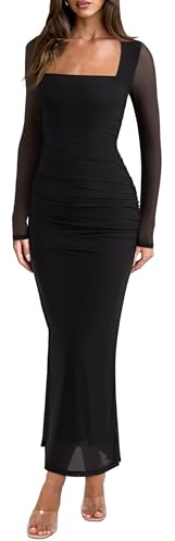 REORIA Long Sleeve Wedding Guest Maxi Dresses for Women Sheer Mesh Square Neck Ruched Bodycon Long Dress Fall Outfits | Sheer Mesh,Square Neck,Slim Fit,Ruched Formal Long Dress,2026 Fall Winter Outfits,Cocktail,Club & Night Out,Fashion Clothes