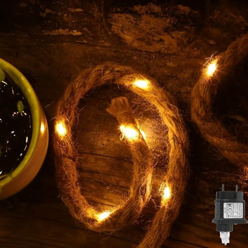 gresonic corde chanvre Guirlande lumineuse LED 80LED 6m de long avec minuterie et prise coton naturel Cordon en jute Couleur blanc chaud Décoration de jardin Éclairage intérieur Décoration de Noël
