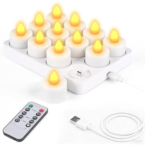 Diealles Shine LED Teelichter Wiederaufladbar mit Ladestation, 12 Stück LED Kerzen Aufladbare Elektrische Teelichter mit Fernbedienung Timer für Party Zimmer Wohnzimmer Halloween Weihnachten Deko