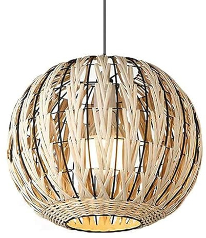 Handmade Rattan Pendant Light - Brown Woven Lantern, Round Ball Basket Style Hanging Lamp for Kitchen Island, Farmhouse Decor, Rustic Home Lighting Fixture