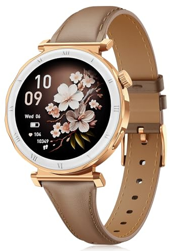 BOALZETD Montre Connectée Femme - Élégant Petit Poignet avec Écran AMOLED 1,19 Bracelet en Cuir Fin, Smartwatch avec Podometre, Cardiofrequencemetre/SpO2/Sommeil pour iOS/Android, Or Rose/Marron