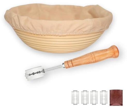 Banneton Sourdough Bread Proofing Basket, 9 Inch for Round, Boules Loaves, AA-Grade Vietnamese Banneton with Cloth Cover, Bread Lame Holder with 5 Blades