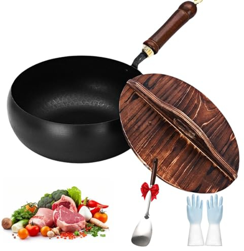 Sartén de hierro fundido presazonado con tapa, sartén de hierro de alta pureza para estufas de gas, inducción y eléctricas, naturalmente antiadherente, calentamiento uniforme