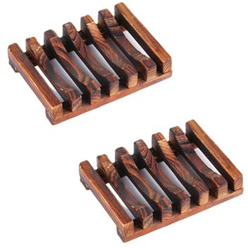 PLUSHCEWT 2 Stück Seifenschale Holz 10.5x8x2cm Bambus karbonisiert Set | Selbstentleerend, Tropffrei, Schimmelresistent, Für Bad Dusche Waschbecken, Langlebig, 2 Stück Set