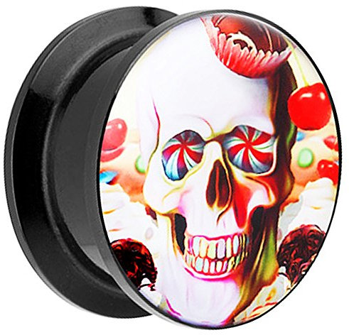 Piersando Ohr Plug Piercing Kunststoff Motiv Comic Picture Flesh Tunnel Ohrplug mit Totenkopf Süßigkeiten Schwarz Bunt 20mm