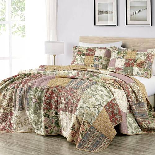Chezmoi Collection Delaney 3-Piece Floral Patchwork Pre-Washed 100% Cotton Quilt Set, King