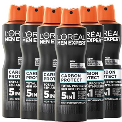 L'Oréal Paris Men Expert 48H Carbon Protect Anti-Perspirant Deodorant for Men, 250ml Pack of 6, Bulk Buy